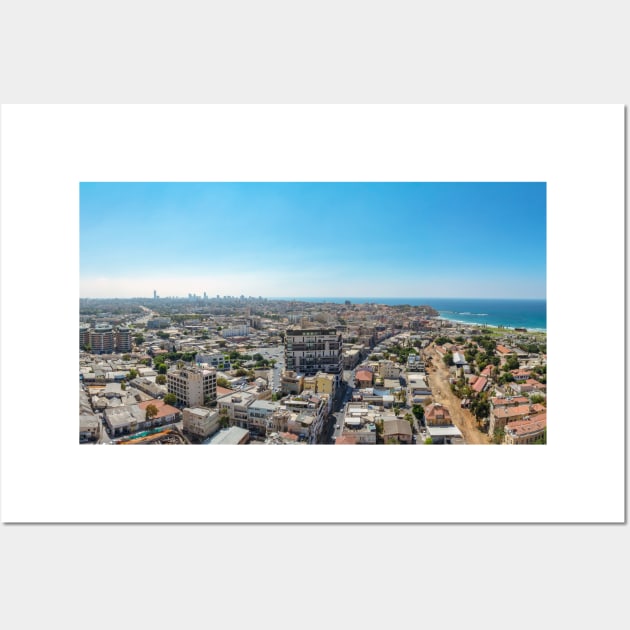 Panorama aerial view of south Tel Aviv neighborhoods and Old Jaffa Wall Art by wavemovies